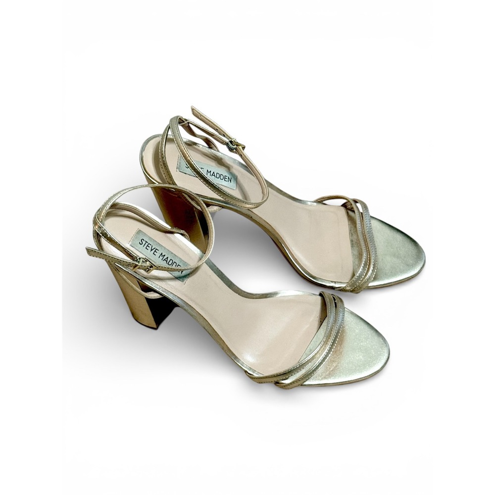 Steve Madden Womens Sz-11 Gold Metallic Block Heel Ankle Strap‎ Sandals "Candid"